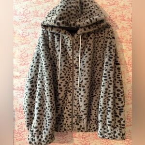 White Birch Gray Leopard Print Jacket. Super soft fake fur